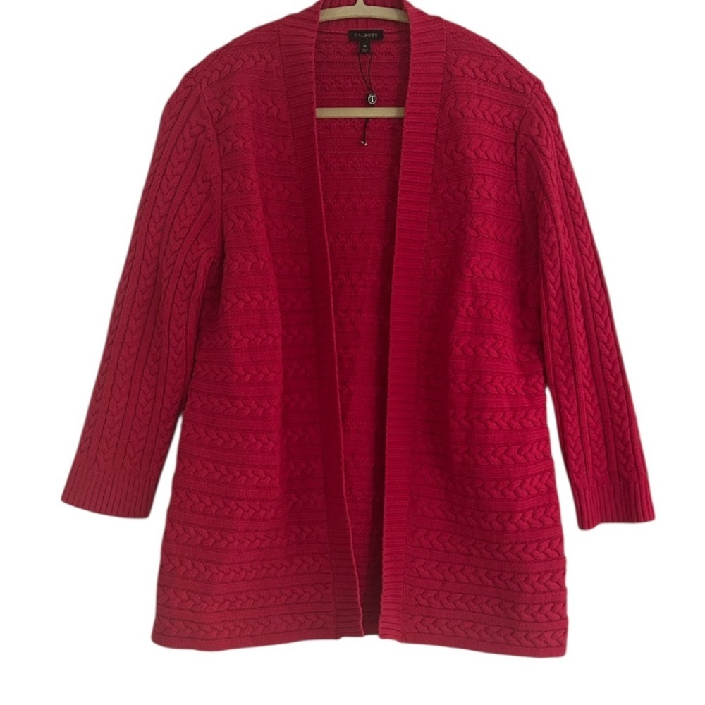 Talbots Hot Pink 100% Cotton Cable Knit Open Cardigan Size Medium
